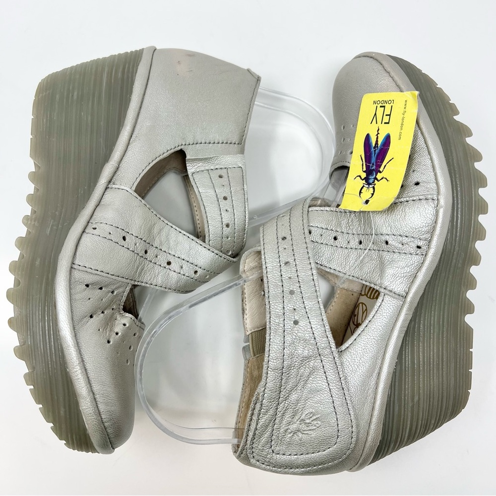Fly London Silver Leather Wedge Mary Jane - Picture 5 of 12